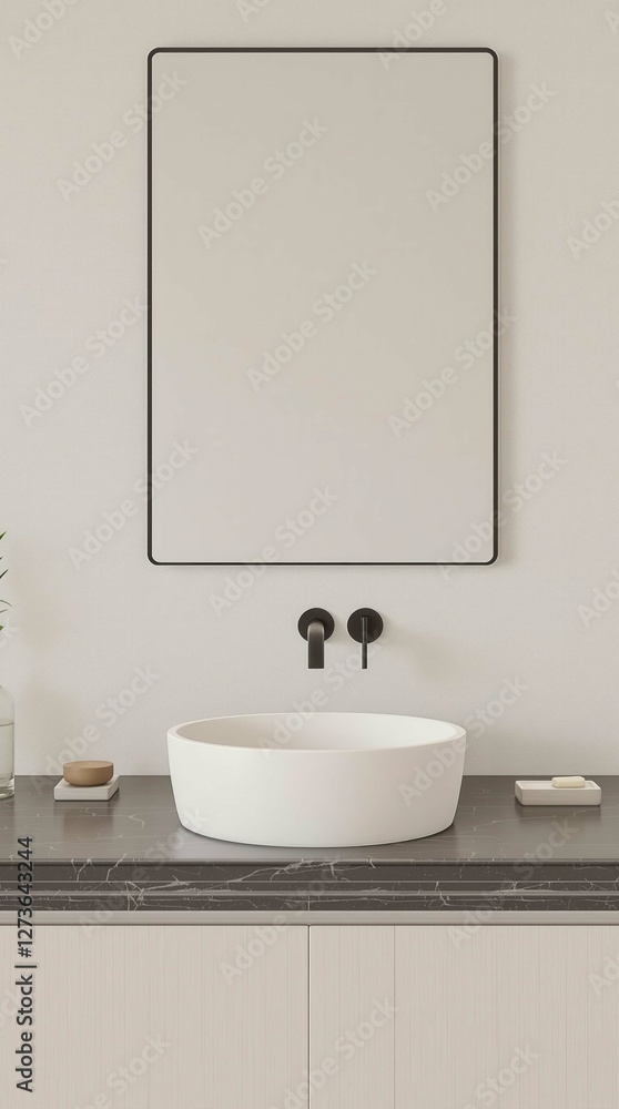 Fototapeta premium A bathroom sink with a black faucet and a white basin