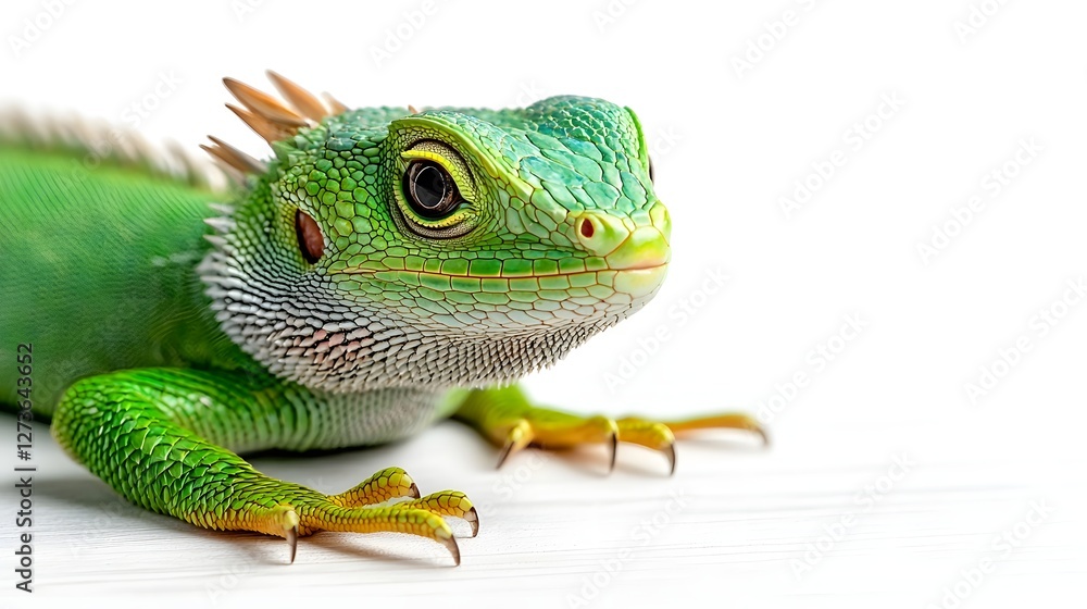 Fototapeta premium Close up of a vibrant green Chinese water dragon perched and resting on a clean white background This exotic reptile features a long tail scaly skin and bright iridescent colors