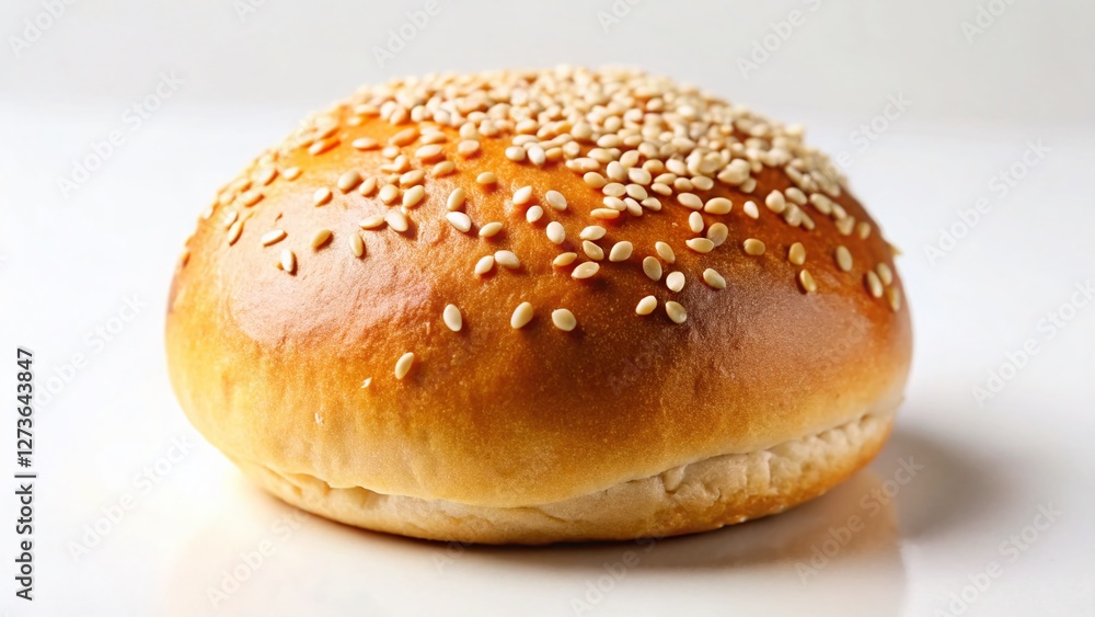 Fluffy Sesame Seed Bun on White Background - Delicious Bakery Stock Photo Fluffy Sesame Seed Bun on White Background - Delicious Bakery Stock Photo