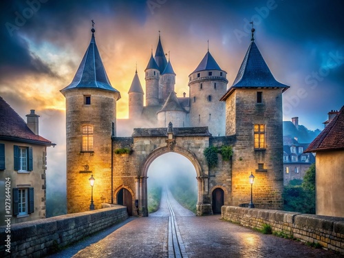 Foggy Winter Day in Berg, France: Ancient Gate and Fortress Towers