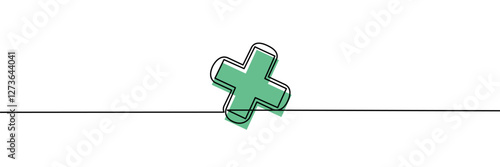 Medical cross of one continuous line with colored pattern. One line icon. Medical care sign. Vector illustration