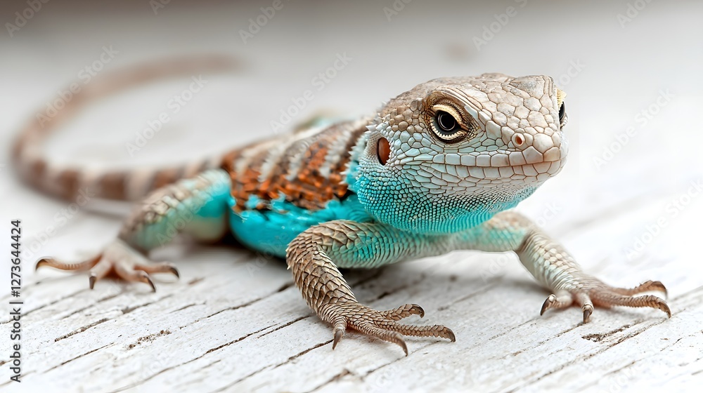 Naklejka premium Closeup of a vibrant Western fence lizard with its bright blue and green scales basking and sunbathing on a clean pure white surface