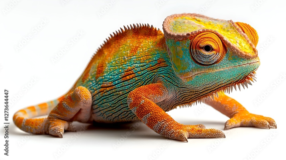 Fototapeta premium Closeup Photograph of a Colorful Chameleon Reptile Mid Walk with its Curled Tail and Eyes Moving Independently Set Against a Bright White Backdrop for Use as a Image or Nature Photography