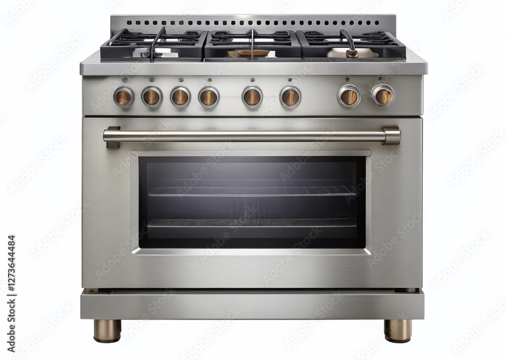 Freestanding Gas Range, Modern Kitchen Appliance, Isolated White Background, Stainless Steel Cooktop, Oven Freestanding Gas Range, Modern Kitchen Appliance, Isolated White Background, Stainless Steel Cooktop, Oven