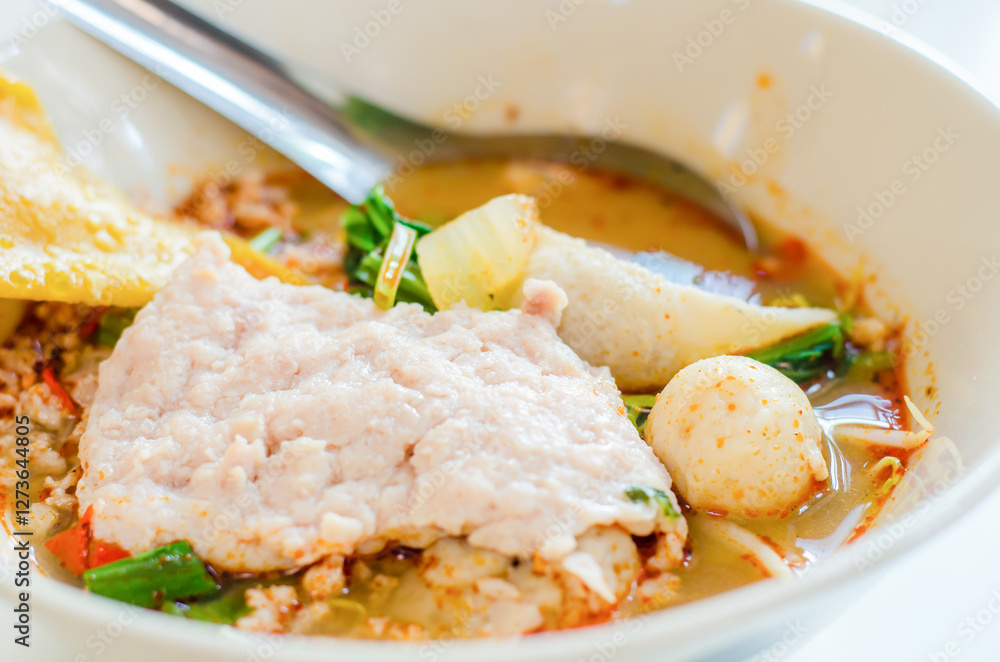 Spicy Thai Noodles with herbs, Tom yam noodles, Thai food, Thailand Spicy Thai Noodles with herbs, Tom yam noodles, Thai food, Thailand