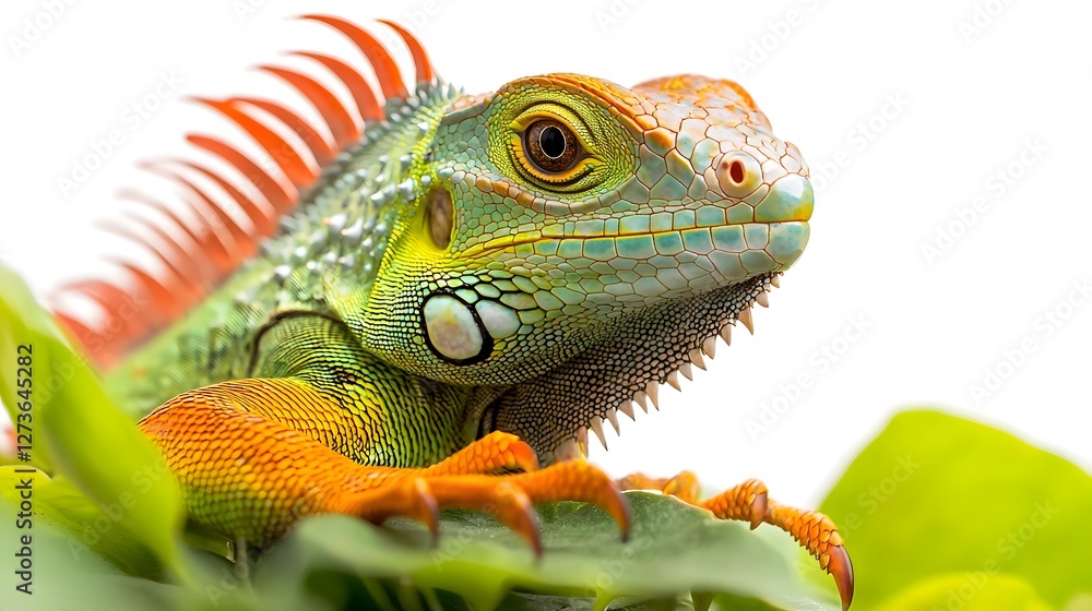 Obraz premium Detailed close up portrait of a vivid green iguana standing still showcasing its sharp scales intricate textures and vibrant colors against a clean white studio backdrop