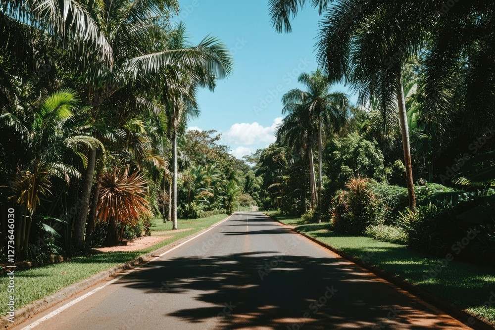 Palm-lined road leading to lush tropical forest under clear blue sky for travel Palm-lined road leading to lush tropical forest under clear blue sky for travel