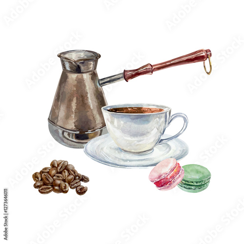 Cup of coffee, roasted beans, Turk for brewing the drink, macaroons, watercolor. Hand drawn vector illustration. For labels, postcards, invitations, posters for cozy cafes, large banners for shops.