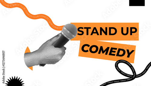 halftone collage, Stand-up comedy poster with a bold modern design, microphone, creative typography, for comedy clubs, events, and promotions