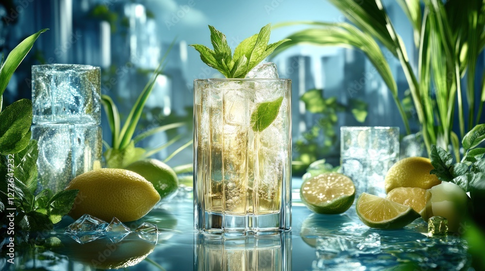 Refreshing cocktail with ice, citrus, and mint in urban jungle setting