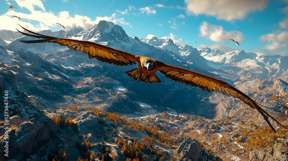 Fototapeta premium Majestic condor with its massive wings spread wide soaring gracefully over rugged snow capped mountain peaks against a breathtaking dramatic natural landscape This awe inspiring