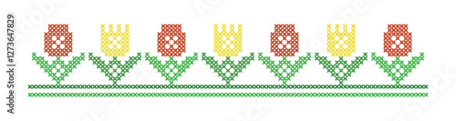 Cross Stitch Floral Border Pattern with Tulips in Red, Yellow, and Green