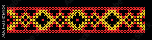 Geometric Cross Stitch Pattern in Red and Yellow on Black