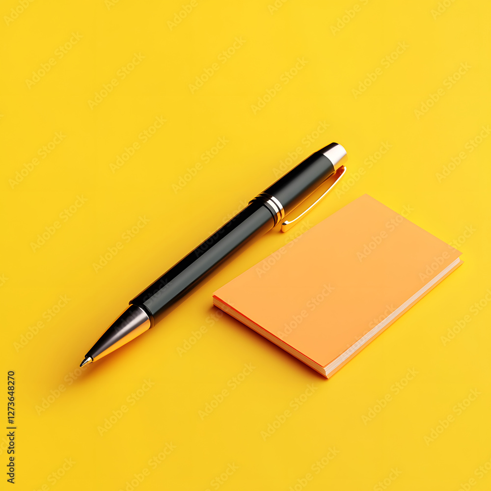 black pen and orange sticky notes on vibrant yellow background create striking contrast black pen and orange sticky notes on vibrant yellow background create striking contrast