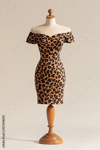 Chic off-shoulder leopard print dress displayed on a mannequin in a neutral setting for fashion enthusiasts, trend 2025