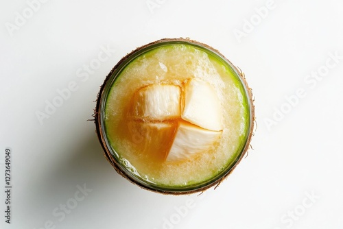 Fresh Filipino Buko Juice in a clear glass with coconut meat, minimalist style, white and natural colors, refreshing beverage concept photo