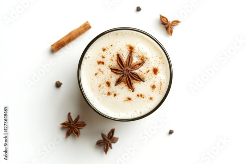 Glass of Bangladeshi Borhani, traditional spiced yogurt drink, white background, festive celebration photo