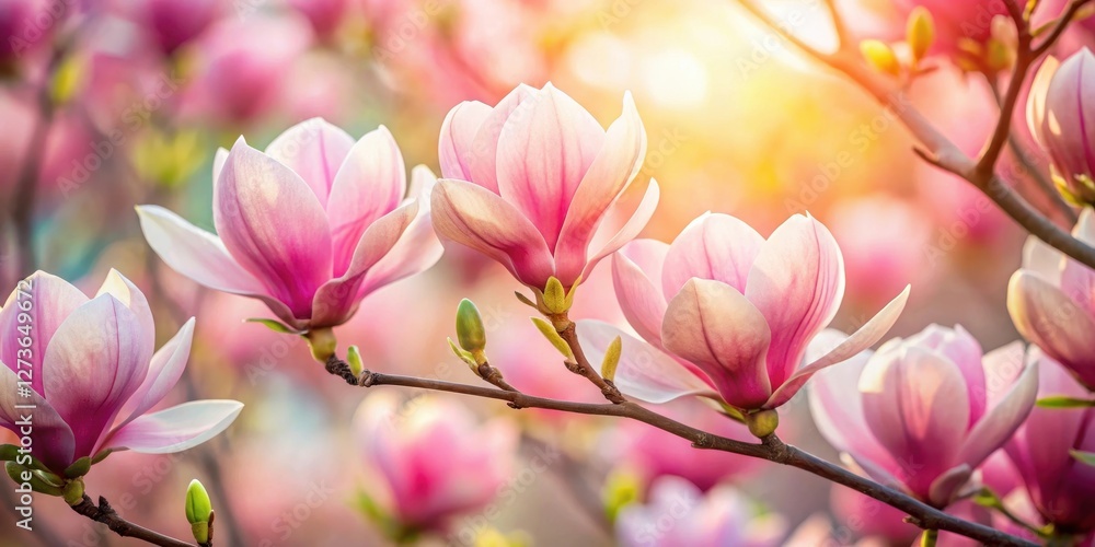 Close-up of delicate pink magnolia flowers blooming in vibrant spring colors with intricate details and soft petals , Floral Details, Flower Close-up Close-up of delicate pink magnolia flowers blooming in vibrant spring colors with intricate details and soft petals , Floral Details, Flower Close-up