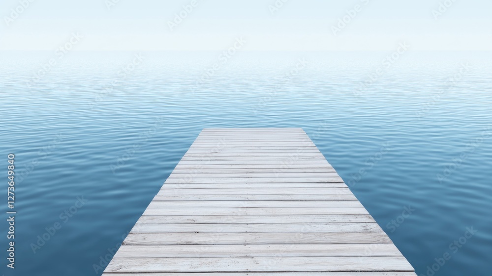 Fototapeta premium A serene wooden dock extending over calm blue water.