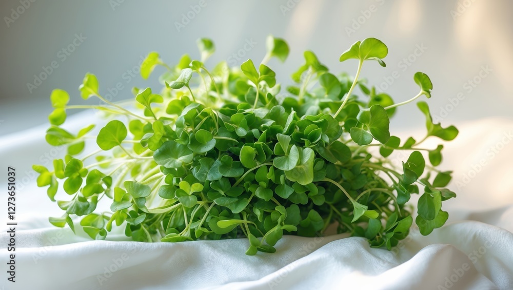 Fresh and vibrant microgreens arranged beautifully on a soft white surface by natural light in a cozy indoor setting Fresh and vibrant microgreens arranged beautifully on a soft white surface by natural light in a cozy indoor setting