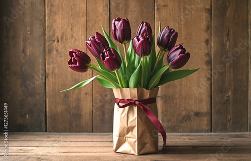 Dark Burgundy Tulips in Paper Bag Vase photo