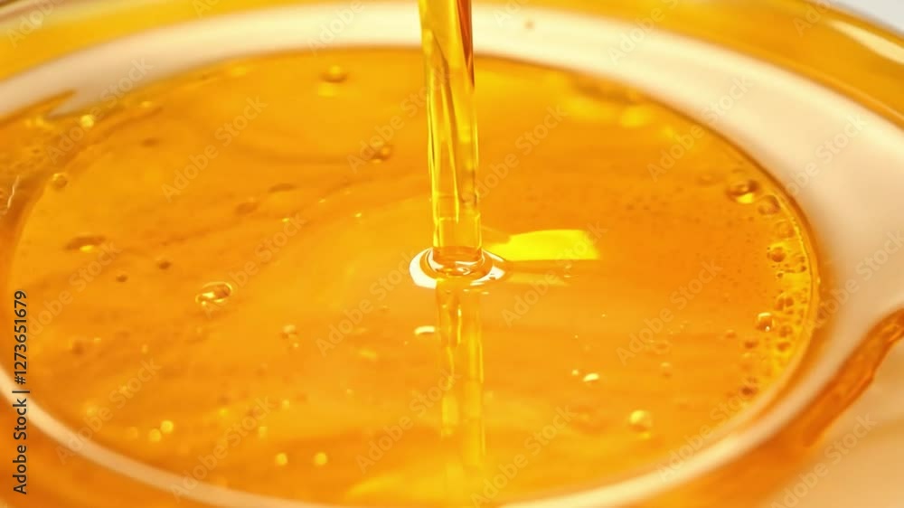 Liquid Gold Pouring into Bowl: A mesmerizing macro shot captures the golden cascade of a viscous liquid pouring into a glass bowl, inviting a sense of indulgence and culinary delight. Liquid Gold Pouring into Bowl: A mesmerizing macro shot captures the golden cascade of a viscous liquid pouring into a glass bowl, inviting a sense of indulgence and culinary delight.