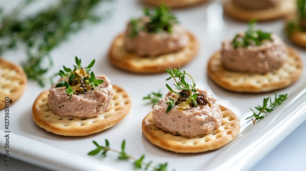 Appetizer: Creamy Pink Spread on Crackers with Herbs Appetizer: Creamy Pink Spread on Crackers with Herbs