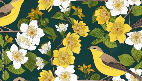 seamless beautiful pattern in full bloom with birds yellow kerria japonica and white cherry flowers willow warblers spring garden vintage style colorful photo