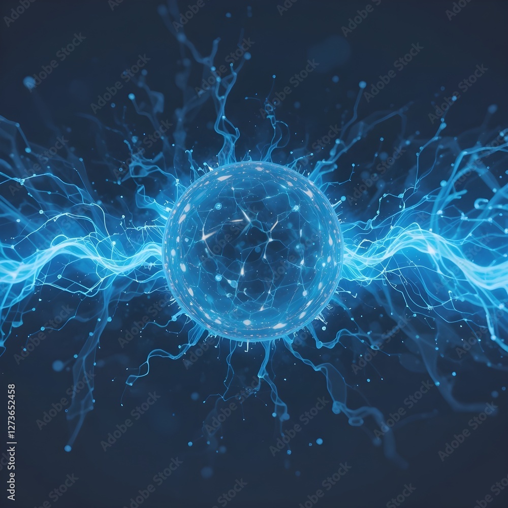 Obraz premium A glowing sphere pulsates with electric blue energy, radiating streams of lightning-like currents, symbolizing quantum power, futuristic technology, and the mysteries of cosmic forces.