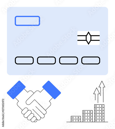Credit card with details, handshake for partnership, skyscrapers with arrows symbolizing growth. Ideal for finance, banking, collaboration, investments, business strategies, economic growth abstract