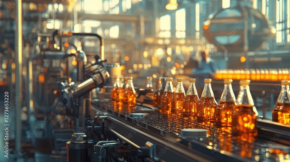 A beverage factory where bottling lines fill glass bottles with soft drinks, and workers inspect quality control. A beverage factory where bottling lines fill glass bottles with soft drinks, and workers inspect quality control.