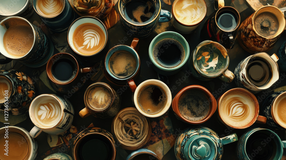 Coffee cups assortment top view collection vector illustration. Coffee cups assortment top view collection vector illustration.