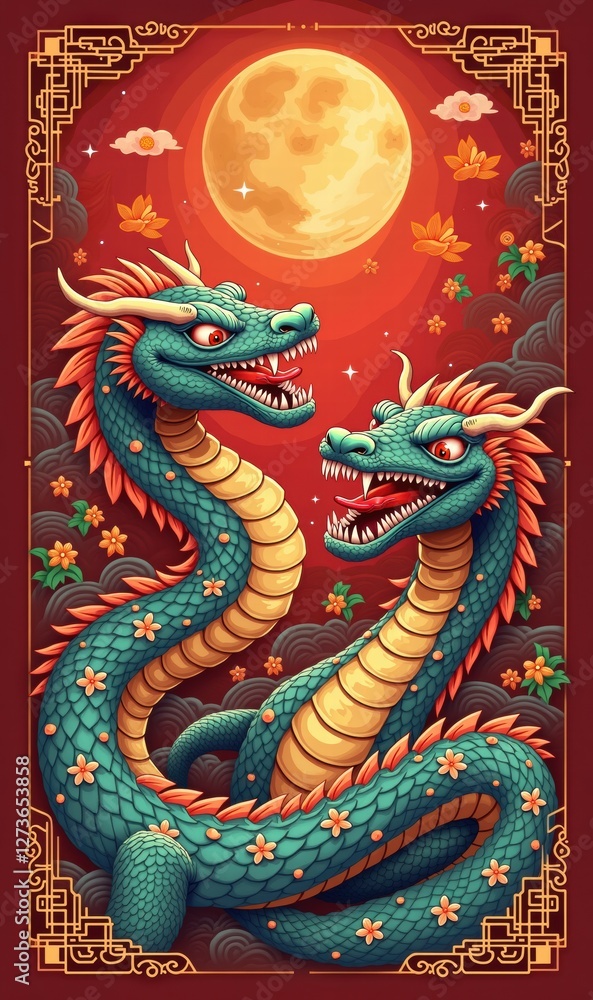 Obraz premium Vibrant illustration of a two-headed dragon set against a full moon, embodying strength and tradition. Perfect for celebrating cultural themes in design projects.