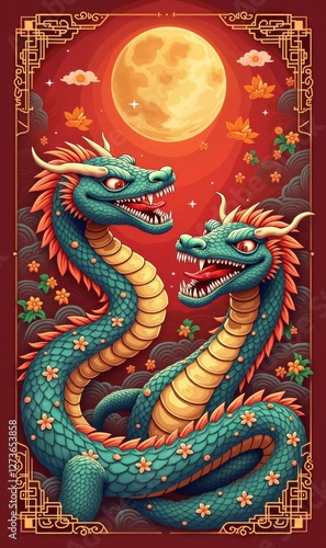 Wallpaper Mural Vibrant illustration of a two-headed dragon set against a full moon, embodying strength and tradition. Perfect for celebrating cultural themes in design projects. Torontodigital.ca
