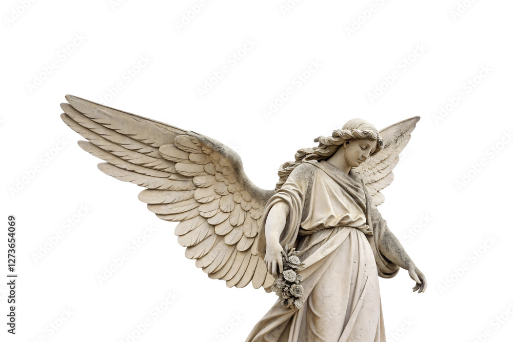 Fototapeta premium A beautifully detailed stone angel with flowing robes and expansive, intricately carved wings, gazing downward while holding a bouquet, isolated on a transparent background