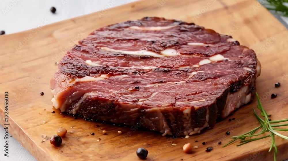 A Culinary Delight: A succulent, perfectly cooked steak rests on a wooden board, a visual symphony of textures and flavors. A Culinary Delight: A succulent, perfectly cooked steak rests on a wooden board, a visual symphony of textures and flavors.