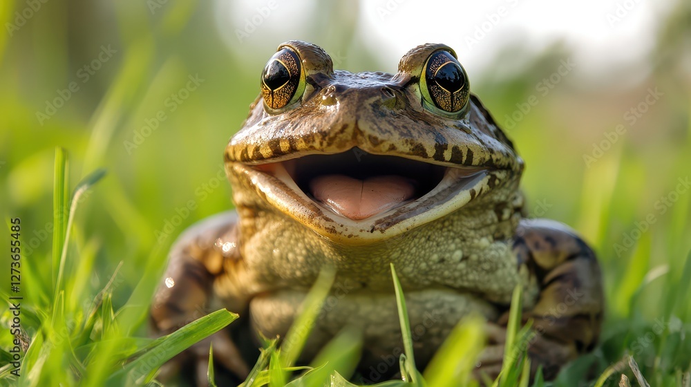 Fototapeta premium Frog sitting on grass with a wide smile