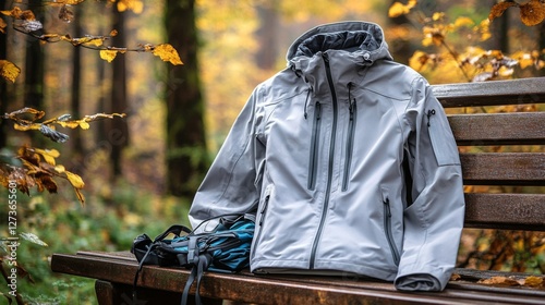Grey Softshell Jacket And Backpack On Autumn Bench
