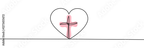 Christianity love. Heart and cross. Continuous line drawing. Religion concept. Vector illustration.