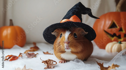 Cuteness Overload: A charming guinea pig dons a whimsical witch's hat, surrounded by pumpkins, leaves and spiderweb to evoke the spirit of Halloween.