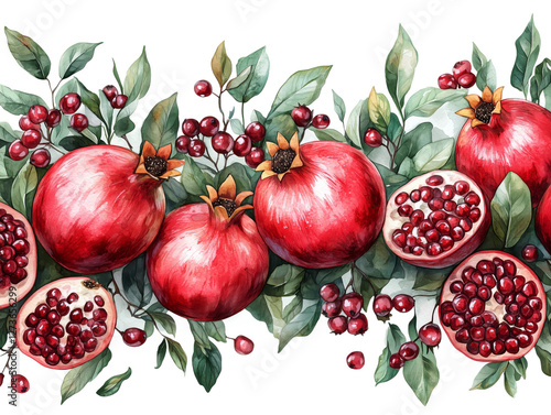 Watercolor tropical pomegranat banner on vintage background, Red fruit summer illustration  isolated on transparent background 
