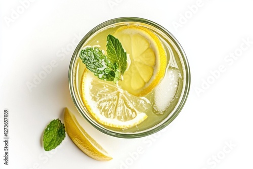 Glass of Indian Nimbu Pani, refreshing lemonade with mint, isolated on white, summer drink concept photo