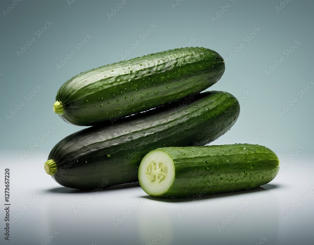 Fresh green cucumbers with droplets stacked artistically on a reflective surface. Fresh green cucumbers with droplets stacked artistically on a reflective surface.