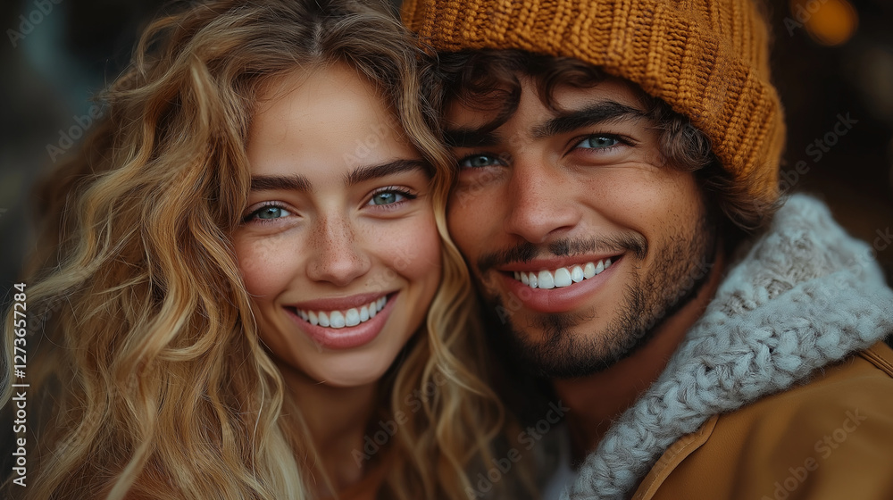 Two young adults radiate happiness as they stand closely together, dressed in stylish winter clothing. Sunlight dances in their expressive eyes, creating a lively atmosphere around them Two young adults radiate happiness as they stand closely together, dressed in stylish winter clothing. Sunlight dances in their expressive eyes, creating a lively atmosphere around them