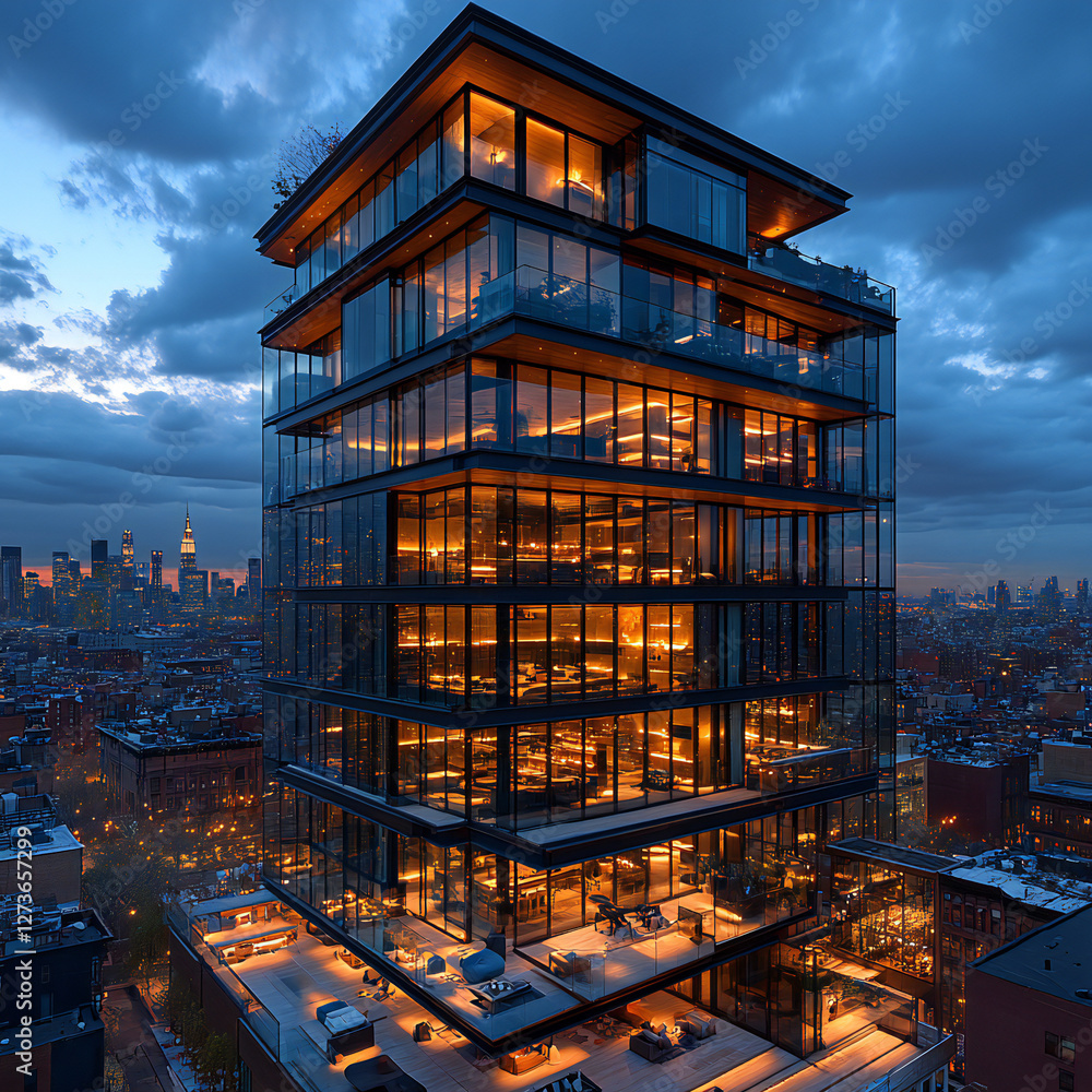 A modern luxury building with a glass curtain wall, offering breathtaking city views A modern luxury building with a glass curtain wall, offering breathtaking city views
