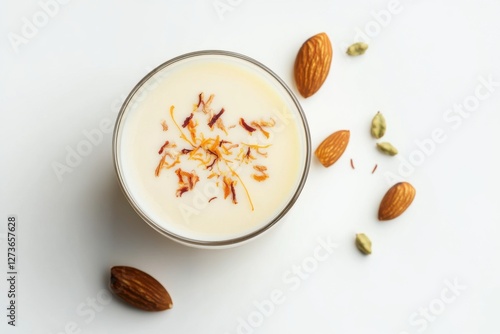 Glass of Indian Thandai, traditional spiced milk drink, warm colors, culinary culture photo