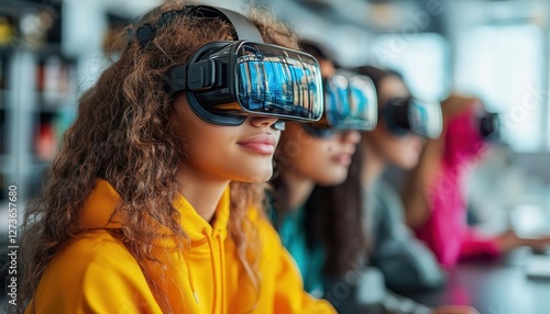 STEM education in action with students using augmented reality for science, vibrant lab setting, modern technology, photorealistic
