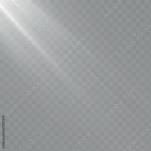 A semi-transparent light effect with soft highlights and diagonal light rays on a transparent background. The realistic glow creates the effect of sunlight passing through glass or reflecting off a su