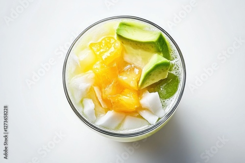 Glass of Indonesian Es Teler, colorful dessert drink, pastel colors, traditional Southeast Asian refreshment photo