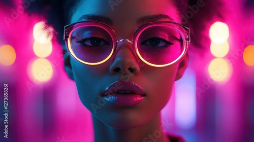 Street style fashion model with glowing AR fashion tags, vibrant urban backdrop, high-energy atmosphere, photorealistic